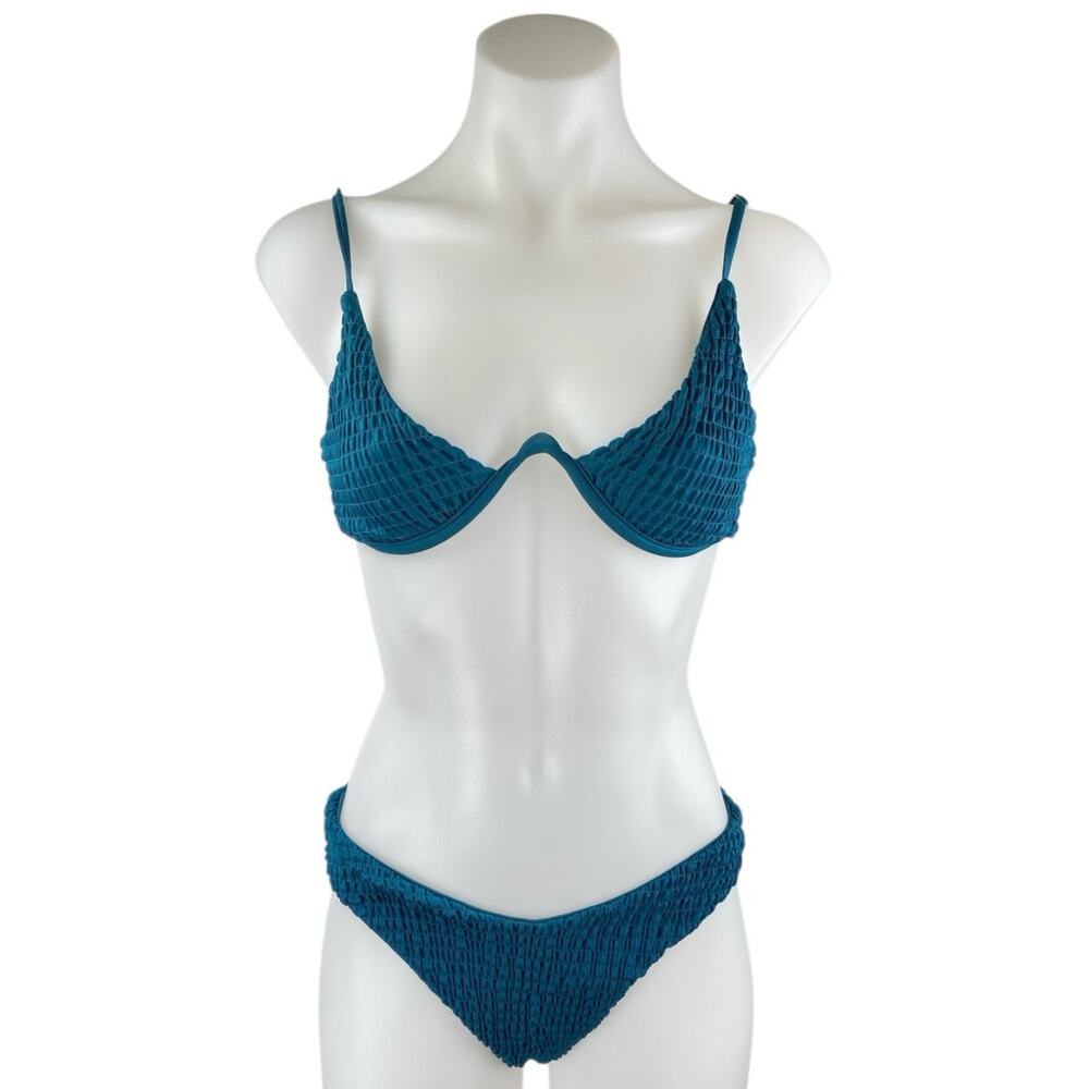 Zaful Womens Teal Blue V Wired Textured Two Piece Bikini Swimsuit Swimwear Sz 6